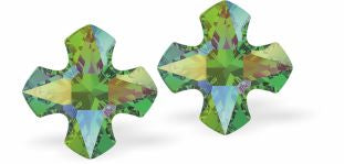 Sparkly Austrian Crystal Gothic Square Cross Stud Earrings by Byzantium in Greeny Purple Vitrail Medium, with Sterling Silver Earwires