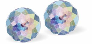 Sparkly Austrian Crystal Multi-Faceted Dome Stud Earrings by Byzantium in Ever Changing Aurora Borealis, with Sterling Silver Earwires