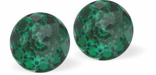 Sparkly Austrian Crystal Multi-Faceted Dome Stud Earrings by Byzantium in Rich Emerald Green, with Sterling Silver Earwires