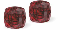 Sparkly Austrian Crystal Mystic Multi-Faceted Square Stud Earrings by Byzantium in Warm Scarlet Red, with Sterling Silver Earwires