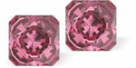 Sparkly Austrian Crystal Multi-Faceted Kaleidoscope Square Stud Earrings by Byzantium in Warm Rose Pink, with Sterling Silver Earwires