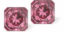 Sparkly Austrian Crystal Multi-Faceted Kaleidoscope Square Stud Earrings by Byzantium in Warm Rose Pink, with Sterling Silver Earwires