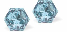 Sparkly Austrian Crystal Multi-Faceted Kaleidoscope Hexagon Stud Earrings by Byzantium in Crisp Aquamarine Blue, with Sterling Silver Earwires