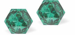 Sparkly Austrian Crystal Multi-Faceted Kaleidoscope Hexagon Stud Earrings by Byzantium in Warm Emerald Green, with Sterling Silver Earwires