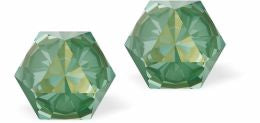 Sparkly Austrian Crystal Multi-Faceted Kaleidoscope Hexagon Stud Earrings by Byzantium in Warm Silky Sage Green DeLite, with Sterling Silver Earwires