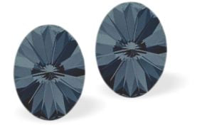 Sparkly Austrian Crystal Oval Rivoli Style Stud Earrings by Byzantium in Dusky Graphite Grey with Sterling Silver Earwires