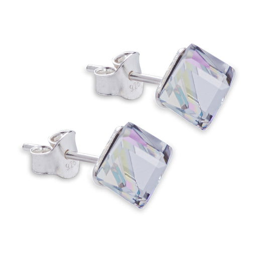 Sparkly Austrian Crystal Oblique Cube Stud Earrings by Byzantium, 4mm and 6mm in size in Two Tone Vitrail Light with Sterling Silver Earwires