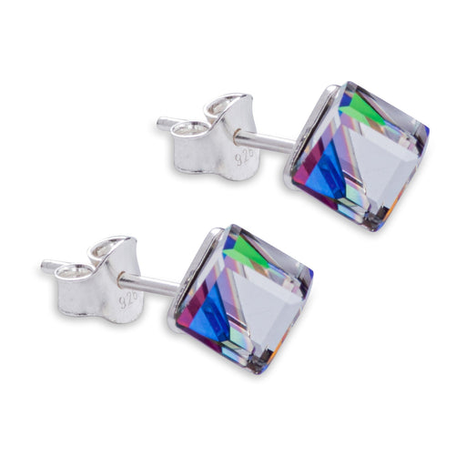 Sparkly Austrian Crystal Oblique Cube Stud Earrings by Byzantium, 4mm and 6mm in size in Two Tone Vitrail Medium with Sterling Silver Earwires