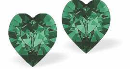 Austrian Crystal Heart Stud Earrings in Emerald Green, Available in three Sizes with Sterling Silver Earwires