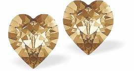 Austrian Crystal Heart Stud Earrings in Golden Shadow, Available in Three Sizes with Sterling Silver Earwires