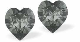 Austrian Crystal Heart Stud Earrings in Black Diamond, Available in Three Sizes with Sterling Silver Earwires