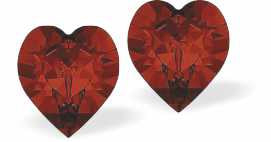 Austrian Crystal Heart Stud Earrings in Red Magma, Available in Three Sizes with Sterling Silver Earwires