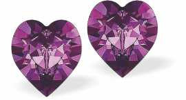 Austrian Crystal Heart Stud Earings in Amethyst Purple, in two sizes with sterling silver earwires.