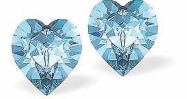 Austrian Crystal Heart Stud Earrings in Aquamarine Blue, Available in Three Sizes with Sterling Silver Earwires