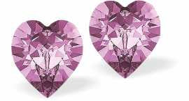 Austrian Crystal Heart Stud Earrings in Light Amethyst Purple, Available in Three Sizes with Sterling silver earwires.