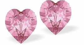 Austrian Crystal Heart Stud Earrings in Warm Rose Pink, Available in Three Sizes with Sterling Silver Earwires