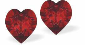 Austrian Crystal Heart Stud Earrings in Light Siam Red, Available in Three Sizes with Sterling Silver Earwires