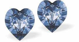  Austrian Crystal Heart Stud  Earings in Montana Blue, Available in Three Sizes with Sterling Silver Earwires