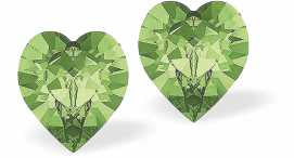 Austrian Crystal Heart Stud Earings in Peridot Green, Available in Three Sizes with Sterling Silver Earwires