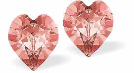 Austrian Crystal Heart Stud Earings in Rose Peach Pink, Available in Three Sizes with Sterling Silver Earwires