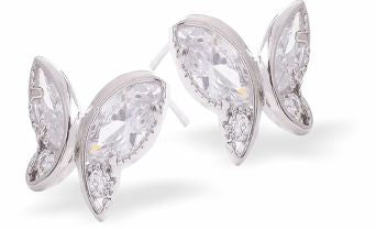 Silver Coloured Butterfly Stud Earrings Colour: Crisp Clear Crystal Rhodium Plated 12mm in size Hypoallergenic; Free from cadmium, lead and nickel 