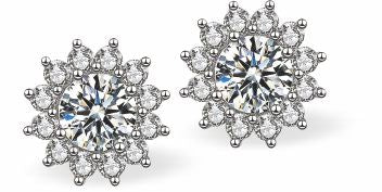 Sparkly Crystal Encrusted Sunflower Stud Earrings Rhodium Plated Colour: Crisp Clear Crystal 11mm in size Hypoallergenic; Free from cadmium, lead and nickel 