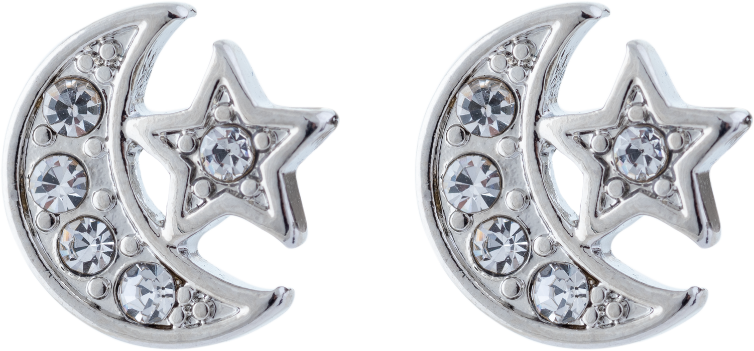 863 - Crystal Encrusted Moon and Star Stud Earrings, Rhodium Plated