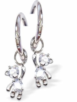 Floating Teddy Hoop Drop Earrings, Rhodium Plated Colour: Silver and Crystal Rhodium Plated 26mm in size Hypoallergenic; Free from cadmium, lead and nickel