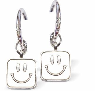 Square Smiley Face Hoop Drop Earrings Colour: Silver Rhodium Plated 27mm in size Hypoallergenic; Free from cadmium, lead and nickel