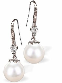 White Round Pearl Antiquey Drop Earrings Colour: White Rhodium Plated 23mm in size Hypoallergenic; Free from cadmium, lead and nickel 