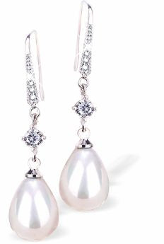 White Long Teardrop Pearl Antiquey Drop Earrings Colour: White Rhodium Plated 23mm in size Hypoallergenic; Free from cadmium, lead and nickel 