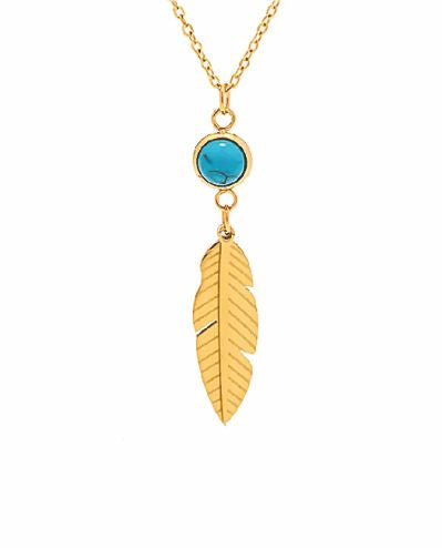 Golden Coloured Feather with Dark Blue Stone Necklace 40mm in size Hypoallergenic: Nickel, Lead and Cadmium Free 