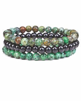 Artisan Natural Stone African Pine Stretch Bracelet Triple Deck, Natural Green, Browns and Black Hypoallergenic: Nickel, Lead and Cadmium Free  