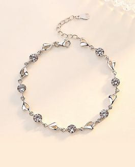 Sparkly Link Bracelet with Extension Clear Crystal and wild Heart Links 6cm in diameter, Rhodium Plated Nickel Free, Hypoallergenic