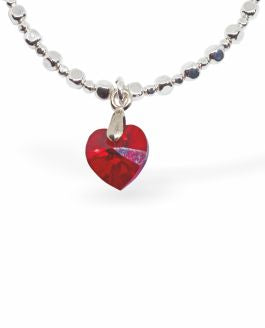 Stretch Charm Bracelet, Rhodium Plated Siam Red Crystal heart Charm 6cm in diameter Nickel Free, Hypoallergenic 