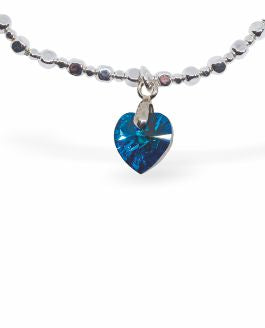 Stretch Charm Bracelet, Rhodium Plated Crystal Heart Charm Colour: Bermuda Blue 6cm in diameter Nickel Free, Hypoallergenic 
