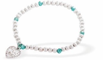 BR53 - Stretch Charm Bracelet, Rhodium Plated, with Heart Encased Tree of Life  Charm and Turquoise Embellishment