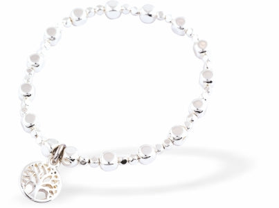 Silver Coloured Stretch, Beaded, Slip On Bracelet, Rhodium Plated with Tree lf Life Charm