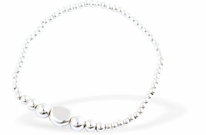 Silver Coloured Stretch, Slip On Bracelet, Rhodium Plated with Oval and Mixed Beads with Central Heart