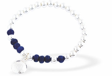 Silver Coloured Stretch, Beaded, Slip On Charm Bracelet, Rhodium Plated with Ornate Imprint Charm and Rich Blue Beads