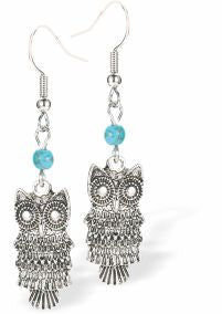 Silver Coloured Owl Earrings 25mm in size See matching Necklace CO60 Hypoallergenic; Free from cadmium, lead and nickel