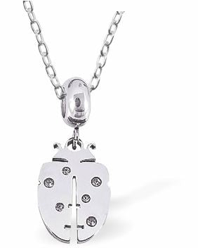 Silver Coloured Ladybird Necklace 18" in size Choice of Stainless Steel or Sterling Silver Chains Hypoallergenic; Free from cadmium, lead and nickel 