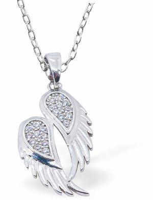 Austrian Crystalized, Silver Coloured Angel Wings Necklace 29mm in size Choice of 18" Stainless Steel or Sterling Silver Chains Hypoallergenic: Lead, nickel and cadmium free