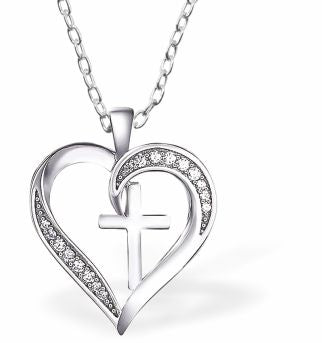 Silver Coloured Heart encircled Cross Necklace 22mm in size Choice of 18" Stainless Steel or Sterling Silver Chains Hypoallergenic; Free from cadmium, lead and nickel 