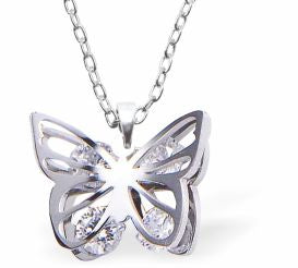 Silver Coloured 3D Butterfly Necklace with Austrian Crystals 13mm in size Choice of 18" Stainless Steel or Sterling Silver Chains 