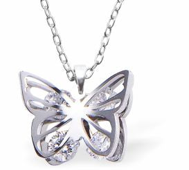 Silver Coloured 3D Butterfly Necklace with Austrian Crystals 13mm in size Choice of 18" Stainless Steel or Sterling Silver Chains