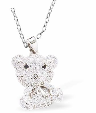 Austrian Pave Crystalized Cute Teddy Necklace 25mm in size Choice of 18" Stainless Steel or Sterling Silver Chains Hypoallergenic: Lead, nickel and cadmium free 