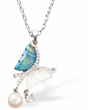 White and Blue Butterfly Necklace with Pearl 30mm in size Choice of 18" Stainless Steel or Sterling Silver Chains Hypoallergenic; Free from cadmium, lead and nickel 