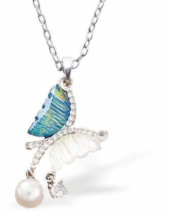 White and Blue Butterfly Necklace with Pearl 30mm in size Choice of 18" Stainless Steel or Sterling Silver Chains Hypoallergenic; Free from cadmium, lead and nickel