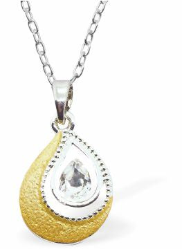 Golden Teardrop Framed Crystal Necklace, 22mm in size Choice of 18" Stainless Steel or Sterling Silver Chains Hypoallergenic; Free from cadmium, lead and nickel